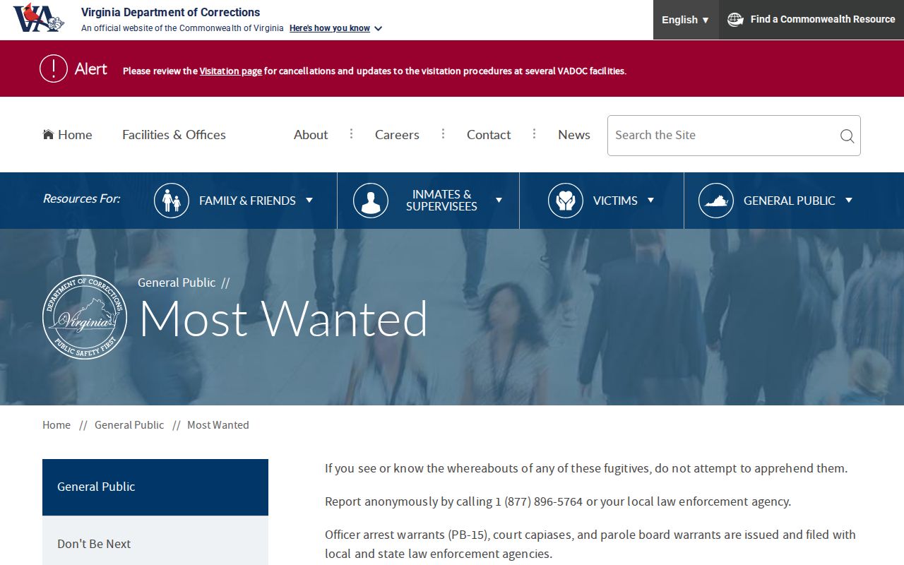Virginia Department of Corrections Most Wanted official notice, separate from Albemarle County warrant records