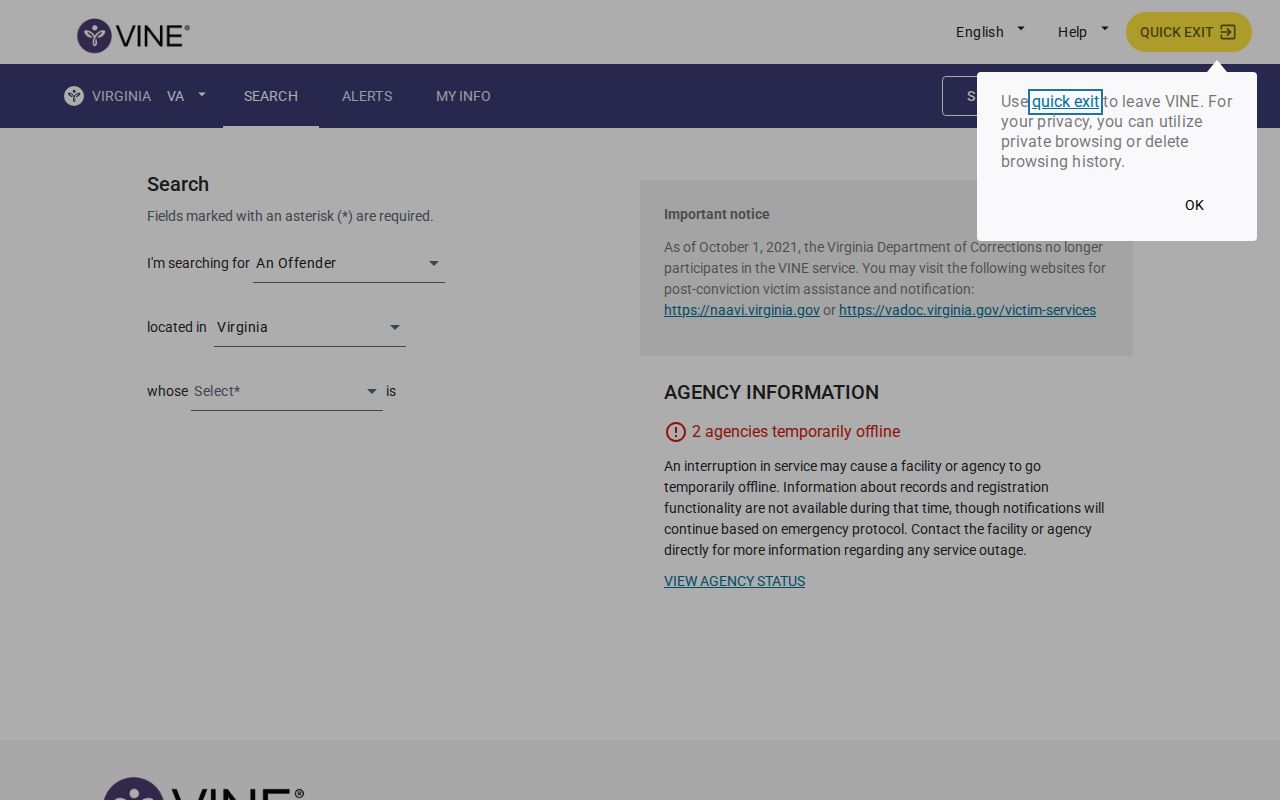 Virginia VINE current-custody search for Albemarle County ACRJ status