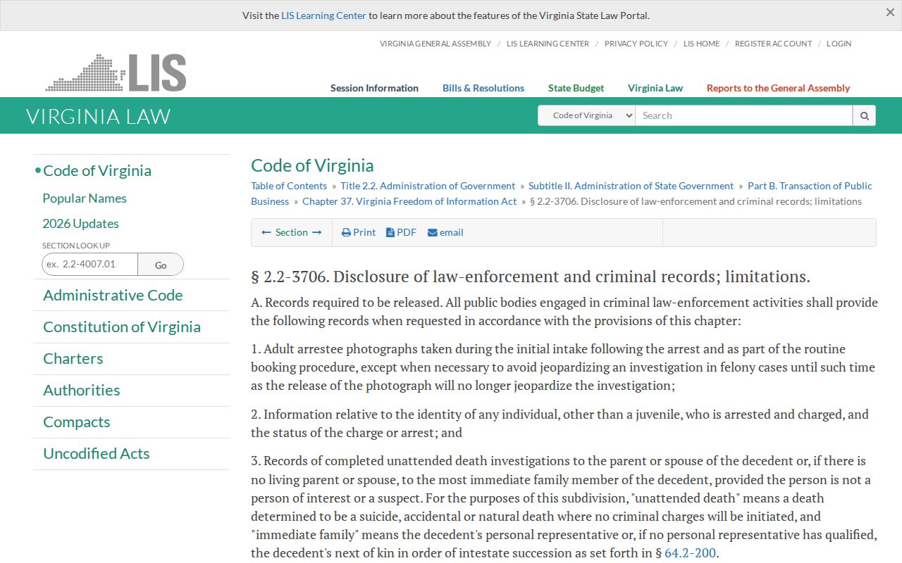 Virginia adult booking-photo public-record statute for Albemarle County requests
